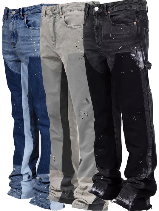 Hand-painted Black Men's Stacked Flared Jeans