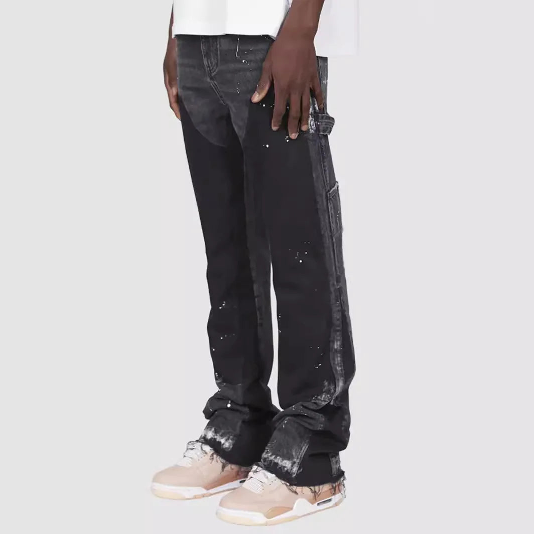 Hand-painted Black Men's Stacked Flared Jeans