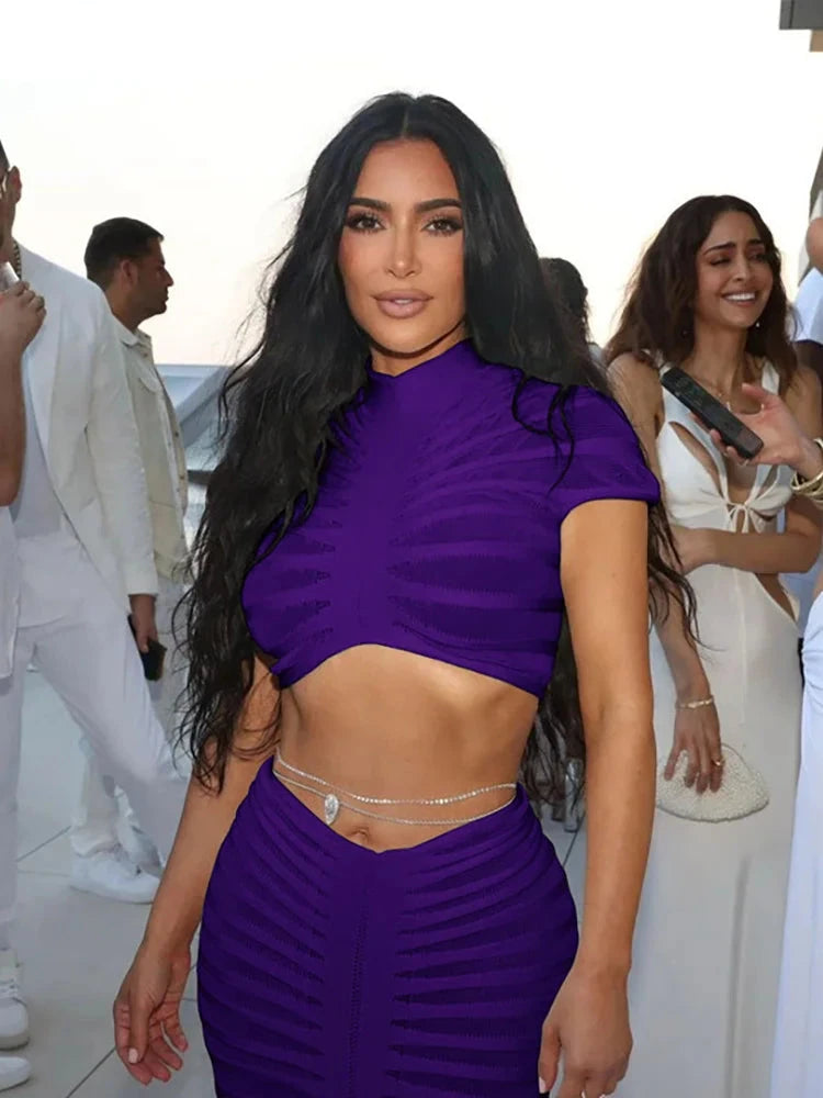 "Kim" 2 Piece Set  Stretch See Through Shorts Sleeve Crop Tops+Maxi Skirt