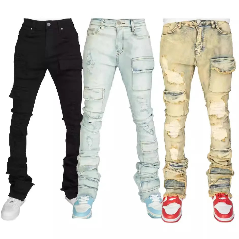 Ripped Stretchy Men's Stacked Jeans Destroyed Wash Tear Cargo Pants Frayed Hem Muti-pockets