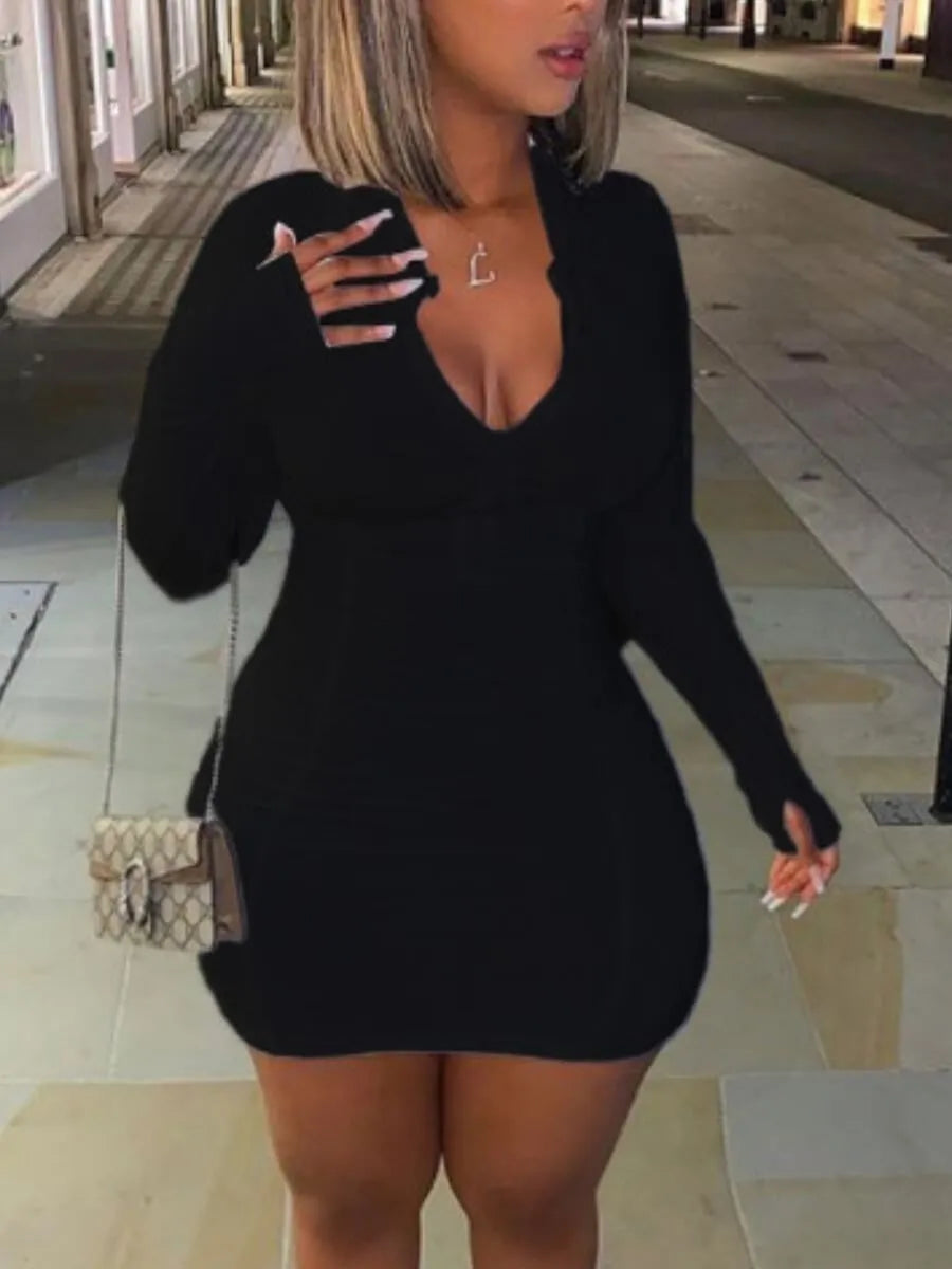 "Big Mamma" Plus Size dress Casual Zipper Mini Dress  Long Sleeve V Neck Sheath Body-shaping