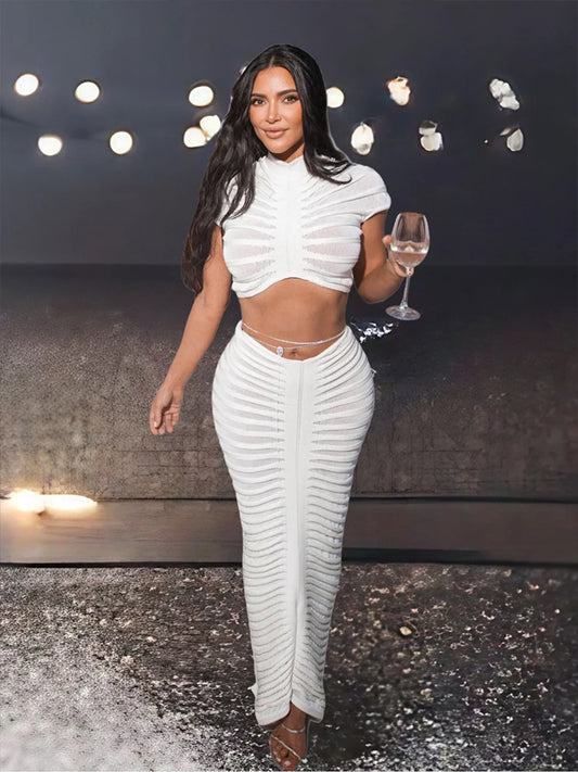 "Kim" 2 Piece Set  Stretch See Through Shorts Sleeve Crop Tops+Maxi Skirt