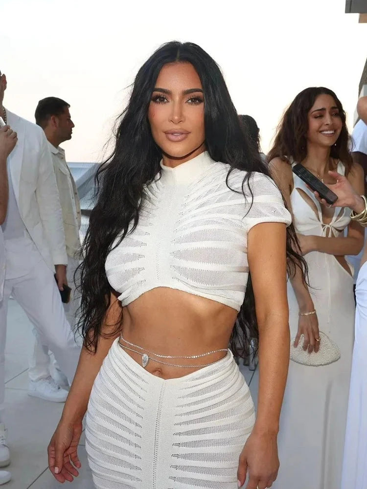 "Kim" 2 Piece Set  Stretch See Through Shorts Sleeve Crop Tops+Maxi Skirt